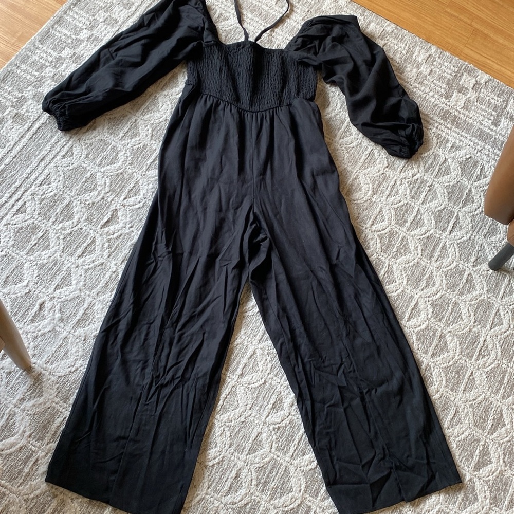 ELOQUII  black Smocked wide leg linen blend  Jumpsuit 16
